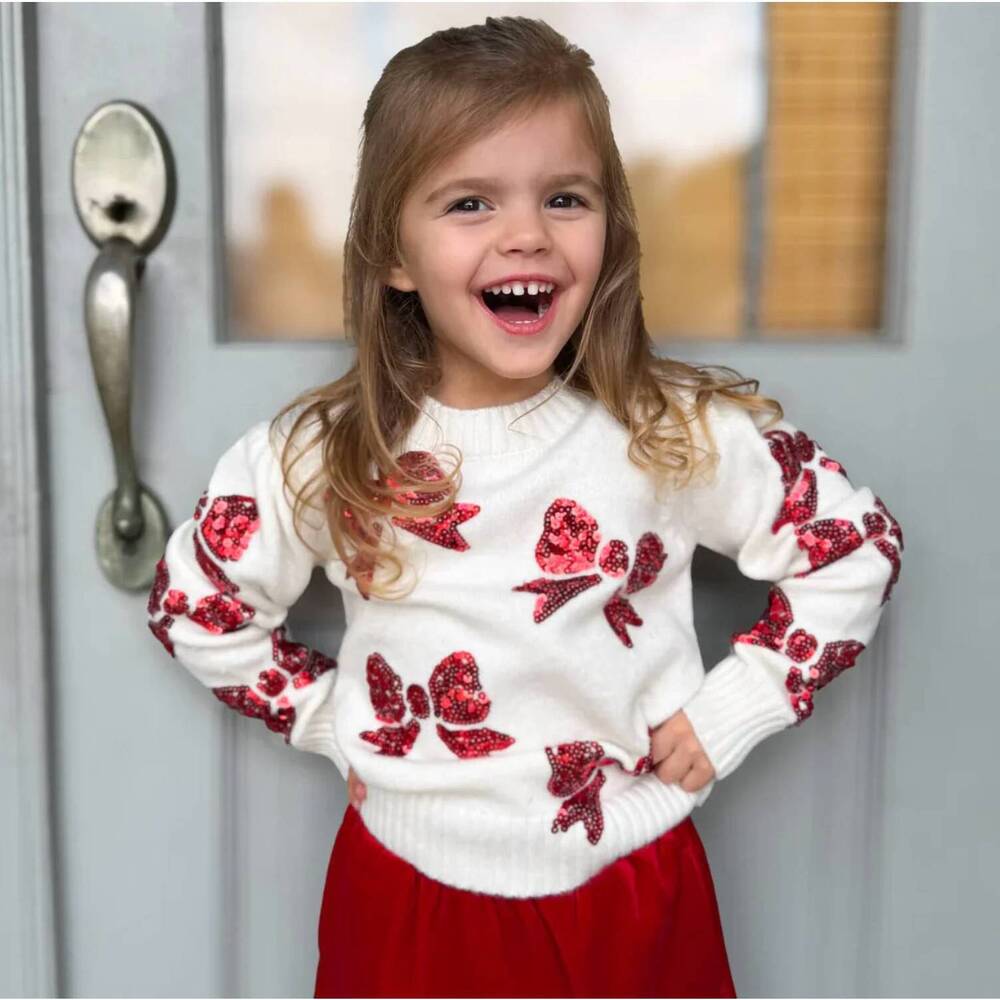 NEW BELLE CHER kid's bows crew neck long sleeve sweater in white